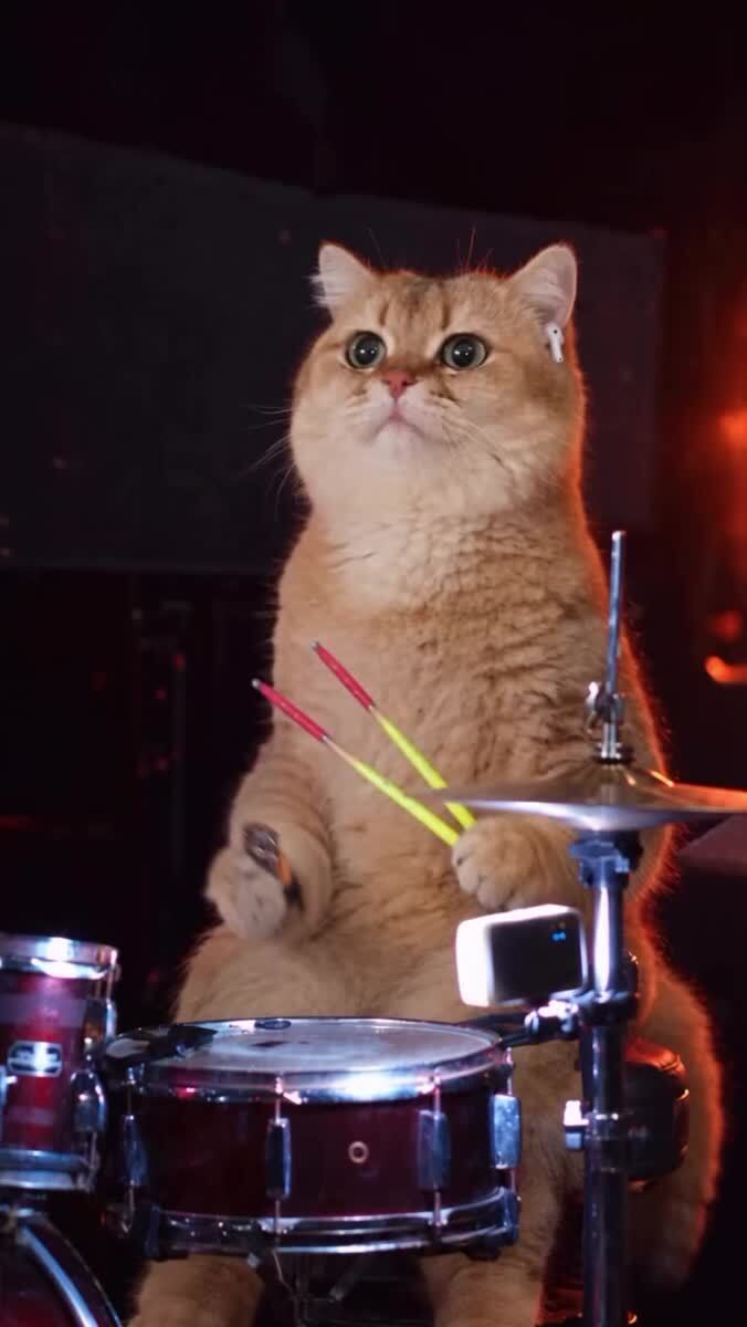 Какой умный котик! Играет на барабанах!